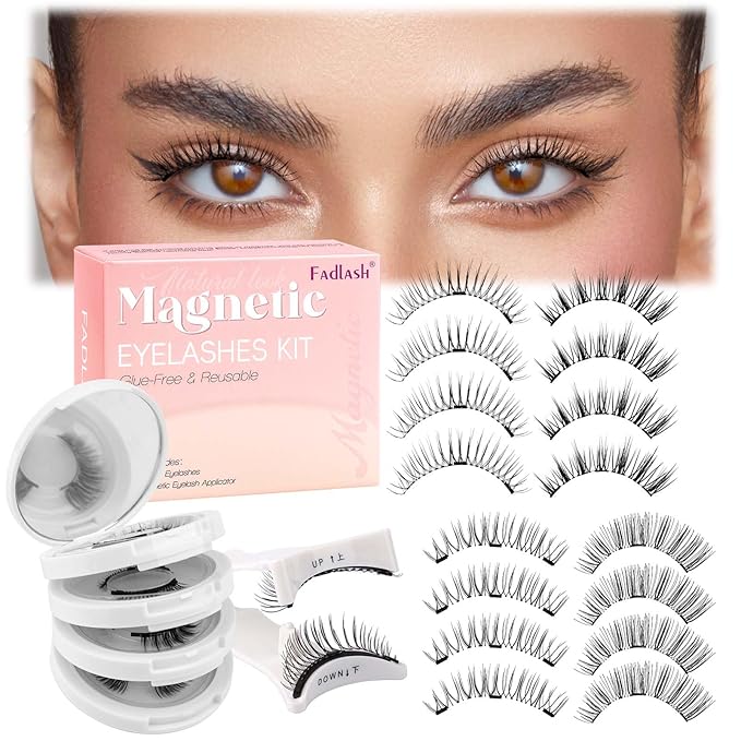FADLASH Magnetic Eyelashes with Applicator Reusable Magnetic Lashes Natural Look 4 Pairs with Clamp No Glue Needed False Eyelashes Kit Easy to Wear (604+079+806+B7)