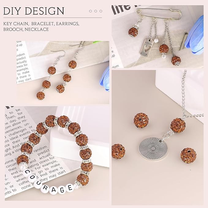 200 Pcs Brown Rhinestone Beads for Jewelry Making, Sparkle Crystal Clay Christmas for Bracelet Baseball Necklace Earring Crafting and DIY, Shiny Round Shamballa Disco Ball Beads Bulk