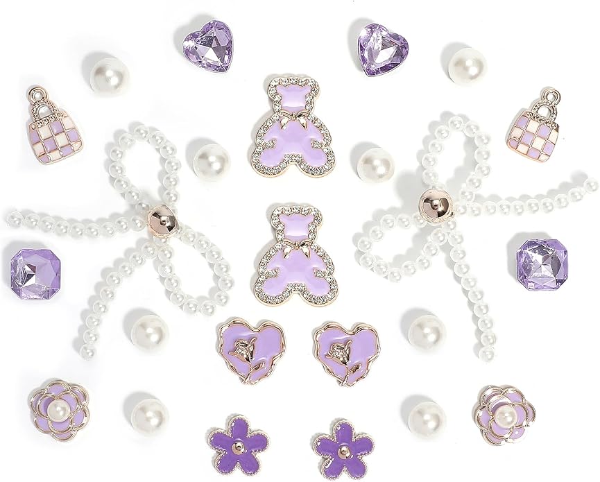 24Pcs Bling Pearl Bow Shoe Charms for Clog Sandals Women, Bear, Flower, Pearl Accessories, DIY Shoe Decoration Charms for Girls