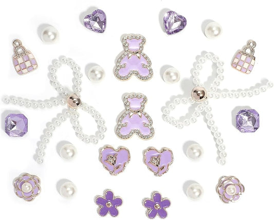 24Pcs Bling Pearl Bow Shoe Charms for Clog Sandals Women, Bear, Flower, Pearl Accessories, DIY Shoe Decoration Charms for Girls