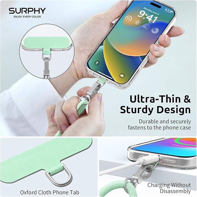 SURPHY Phone Lanyard, Adjustable Phone Strap Crossbody with 2 Pack Phone Tether Tab, Premium Metal Buckles, Skin-Friendly, Universal Cell Phone Lanyard Crossbody for Women and Men, Green