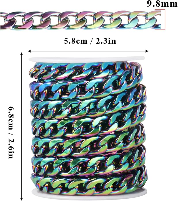 16.5 Ft Stainless Steel Curb Chains, 5mm 6mm 7mm 9mm Cuban Chain Roll Bulk for Jewelry Making