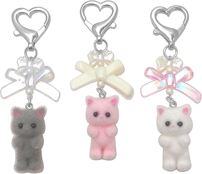 Cute Cat Keychain, Y2K Heart Bow Pendant, Kawaii Cat Bag Charm