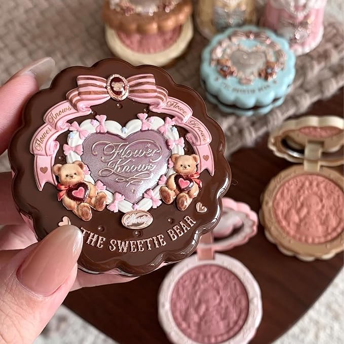 Flower Knows The Sweetie Bear Collection Silk Satin Blush,Shimmery Berry Pink Powder Blush for Cheeks,Buildable & Blendable Face Makeup,Soft Long-Lasting for Women & Girls,0.18 Oz(04 Berry Parfait)