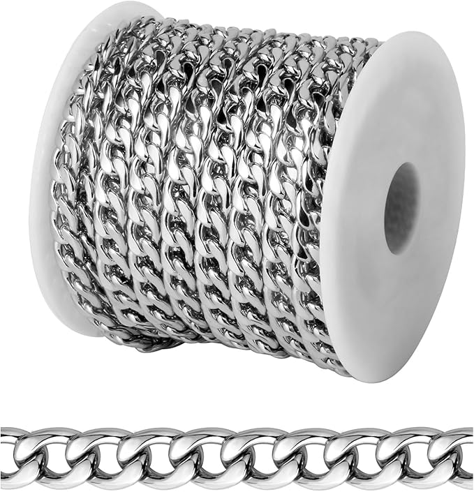 [16.5 FT] Silver Curb Chains for Jewelry Making, 6mm Wide 304 Stainless Steel Cuban Link Chain Roll Bulk for DIY Jewelry Making Craft