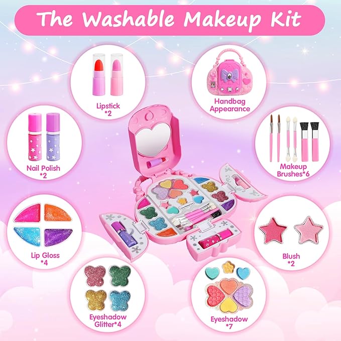 Topsolid Kids Makeup Kit With Mirror - Real Washable Makeup Set for Girls 5-8, Princess Toys Cosmetic Set, Christmas & Birthday Gifts for 3-8 Year Old Girls