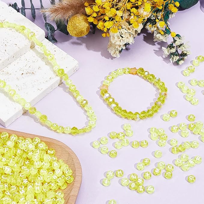 1 Box 800pcs Yellow Transparent Letter Beads Acrylic Clear White Alphabet Flat Round Letters Cylinder Loose Spacer Bead Charms Bulk for Jewelry Making Bracelets Necklaces DIY Craft Supply