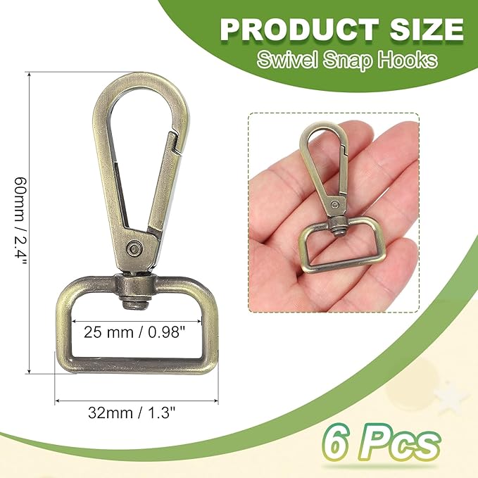 Swivel Snap Hooks, Metal D Ring Keychain Lanyard Clip Hook Lobster Clasp Claw Push Gate Clip - Fitting for(Purse Making - Sewing - DIY Crafts) 6 Pcs & 1" & Bronze Patina