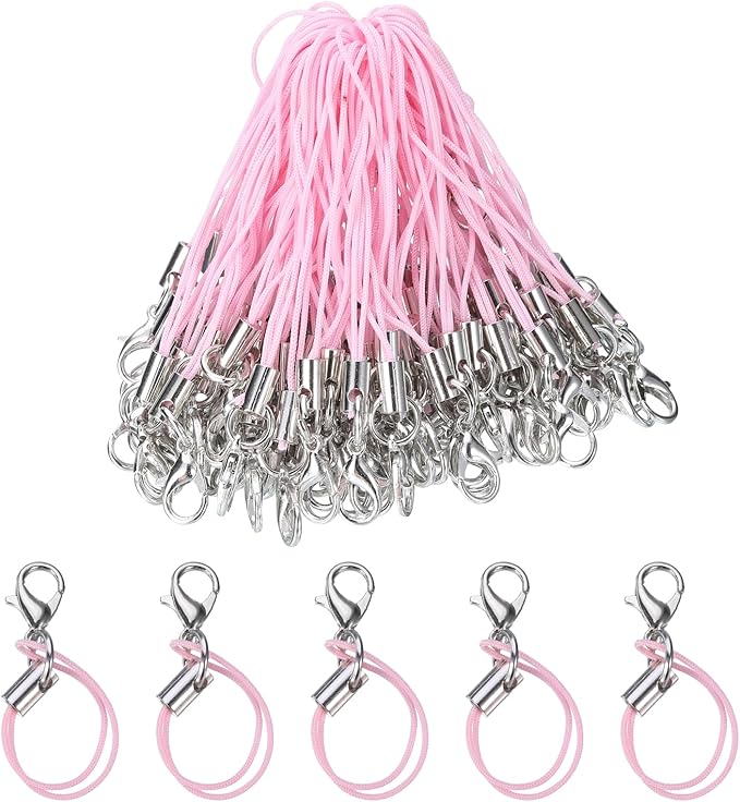 HARFINGTON 100Pcs Clasp Cords Clasp Strap Lanyard Charm Short Finger Rope with Lobster Clasp for Cellphone Cases Keychain DIY Jewelry Making, Pink