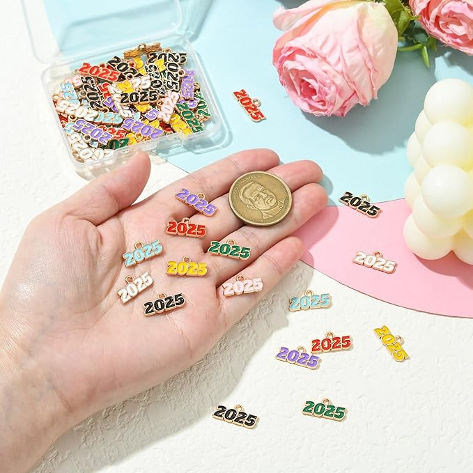 Stiesy 80 Pcs 8 Colors Colorful Enamel 2025 Year CharmsNumber 2025 Letter Graduation Tassels Dangle Charms Bulk for Jewelry Making Crafts DIY Bracelets Necklace Presents
