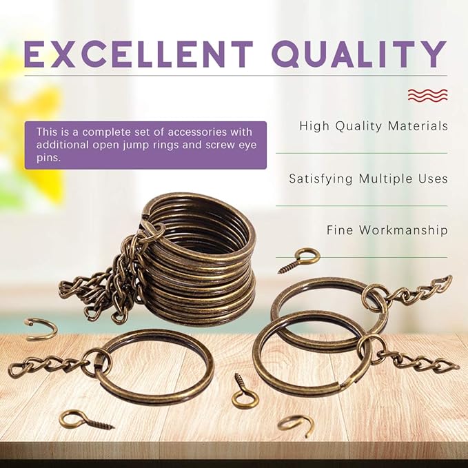 Swpeet 300Pcs 7/5 Inch 35mm Bronze Flat Key Chain Rings Kit, Including 100Pcs Split Keychain Rings with Chain and 100Pcs Jump Ring with 100Pcs Screw Eye Pins Bulk for Jewelry Findings Making