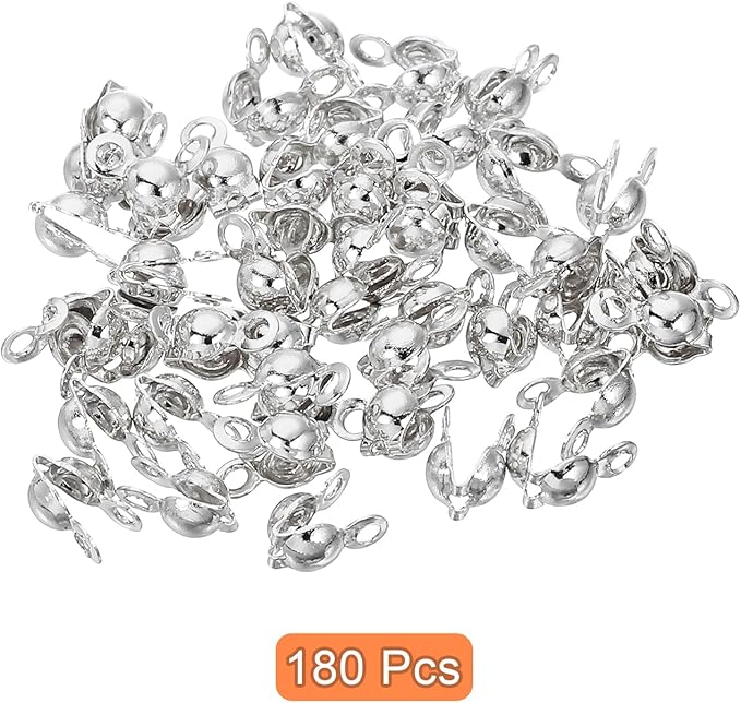 uxcell 180 Pcs 3.2mm Crimp End Caps, Clamshell Cord End Cap Connector Clasp Bead Tips Knot Covers Calotte End Crimp for DIY Jewelry Making, Silver