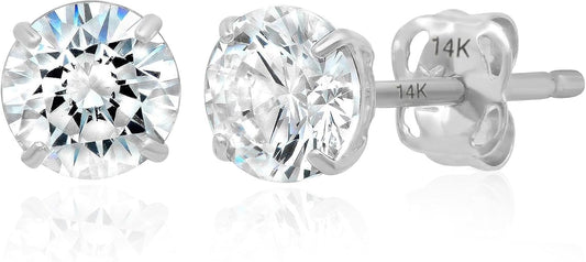 14k Gold Solitaire Round Cubic Zirconia Earrings Studs for Women & Men | Anti Tarnishing CZ Stud Earrings with 14k Gold Butterfly Pushbacks | 4MM-7.5MM by MAX + STONE