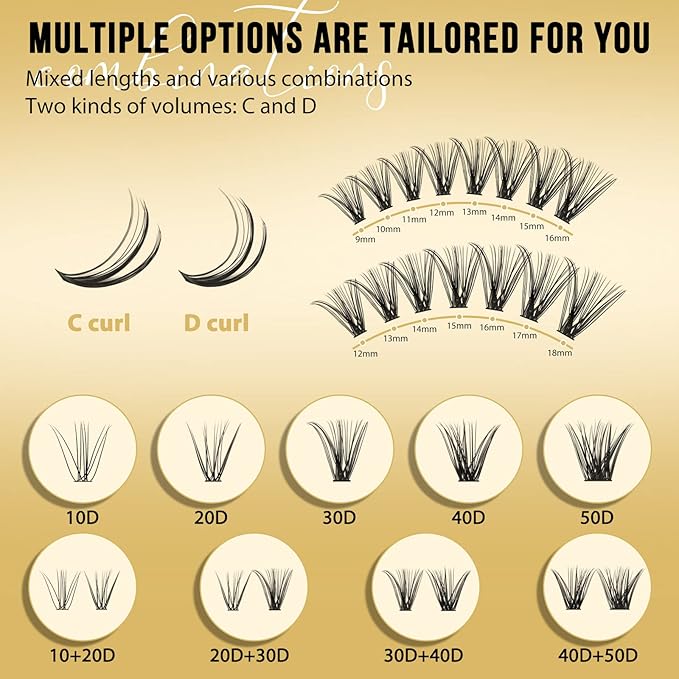 QUEWEL Lash Clusters 320Pcs Cluster Lashes 30D C Curl Lash Cluster Eyelash Extensions Mix9-16mm Individual Eyelashes Clusters Wispy Lash Clusters Thin Band Soft to Use at Home(30D C Mix9-16)