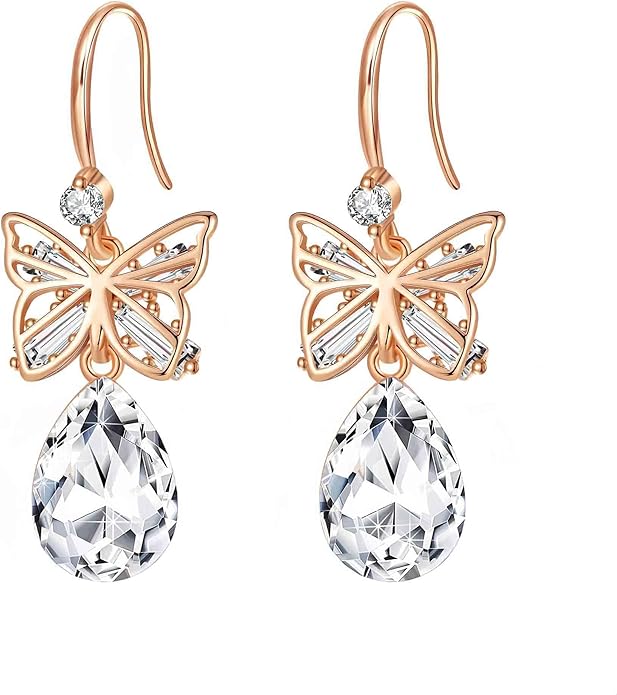 Austrian Crystal Teardrop Butterfly Drop Dangle Earrings for Women 14K Rose Gold Plated Hypoallergenic Jewelry
