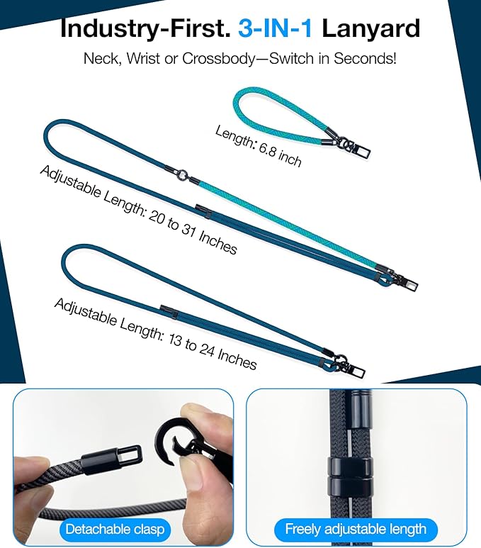 Phone Lanyard Crossbody, 3-in-1 Neck Strap& Wrist Strap, Adjustable Anti-Theft Lanyard with 2 Phone Tether Tabs, Universal Cell Phone Strap for All Case,Travel Essential, Teal