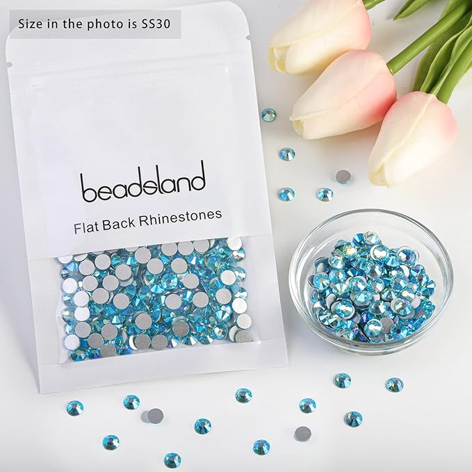 Beadsland 288 Pieces Flat Back Crystal Rhinestones Round Gems,Aquamarine AB,SS30,6.3-6.5mm