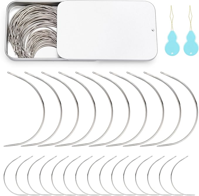 GarfxG Heavy Duty Hand Sewing Needles, Curved Needles 60 PCS 2'' / 3.5 '' C Type Weaving Sewing Needles, Leather Sewing Needles with Metal Box for Upholstery Carpet Leather Canvas Repair
