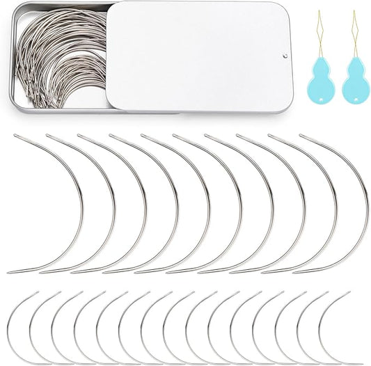 GarfxG Heavy Duty Hand Sewing Needles, Curved Needles 60 PCS 2'' / 3.5 '' C Type Weaving Sewing Needles, Leather Sewing Needles with Metal Box for Upholstery Carpet Leather Canvas Repair