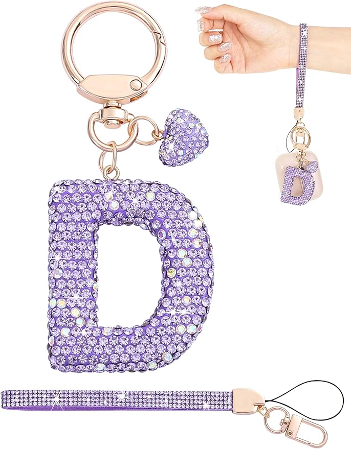 Initial Keychain for Women Girls,Bling Letter Key chain Initial with Heart,Pink Keychain Charms for Backpack Handbag