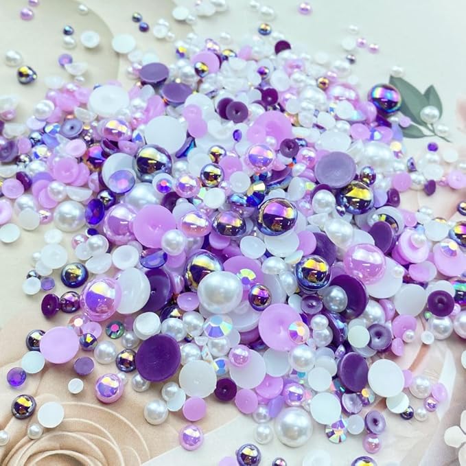 100g Mix Resin Rhinestones Flatback Half Round Pearls Mixed Size 3mm-10mm AB Color Half Pearls Resin Rhinestones for DIY Craft Nail Art Shoes Clothes Phone Case (Purple/White Series)
