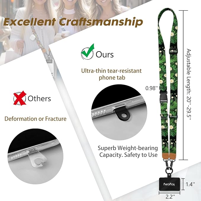 Phone Lanyard Crossbody, Black Cat Leaf Cell Phone Strap for Around The Neck Adjustable, Anti Theft Cute Lanyard for iPhone Case ID Holder Keys Accessories Travel Essential