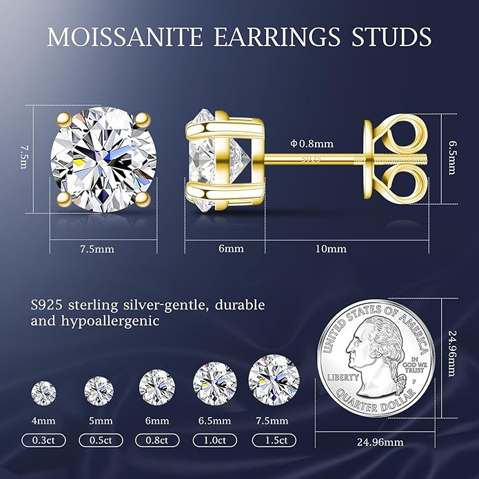 Velelia Moissanite Earrings for Men Women, 0.2ct-3.0ct Men 925 Sterling Silver Earrings, Round Cut Diamond Stud Earrings for Women