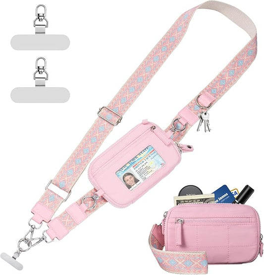 Clip and Go Strap for Phone with Wallet Crossbody Phone Lanyard with Anti-Theft Zipper Pouch Detachable Quilted Wrist Wallet with RFID and ID Window for Daily Travel.