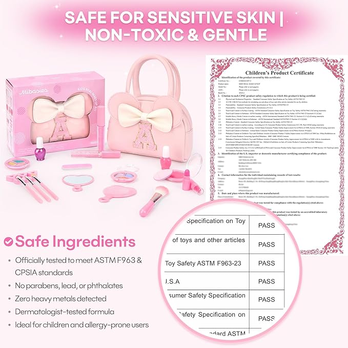 Kids Real Makeup Kit for Girls - 18Pcs Non-Toxic Washable Make Up Toys with Initial Toddler Purse - Personalized Birthday Gifts for Age 3 4 5 6 7 8 9 10 Years Old Girls Vanity Set - Z