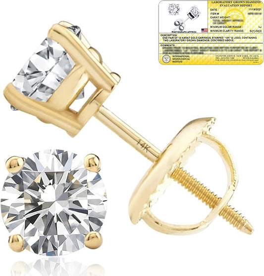 1/4-2 Carat IGI Certified Lab Grown Diamond Stud Earrings | Solitaire Real Diamonds Earring for Women in I-J Color & SI1-SI2 Clarity | 14K Gold Diamond Studs with Secure Backs by MAX + STONE