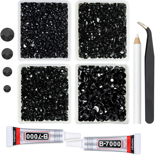 Pure Black Resin Rhinestones w B7000 Jewelry Glue for Bedazzling Crafting 3mm 4mm 5mm 6mm Flatback Jelly Stones Bulk Diamonds Gems Charms for Nails Face Eyes Makeup Body Tumblers Decor Crafts