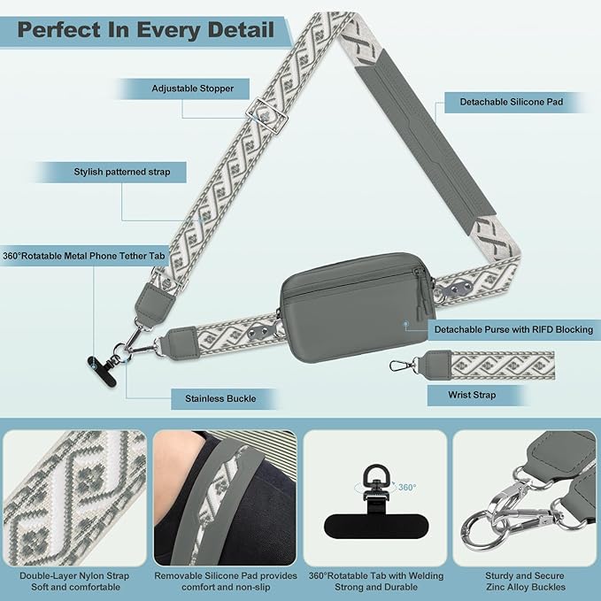 Clip and Go Strap for Phone with Wallet Crossbody, Adjustable Phone Lanyard with Detachable RFID Wristlet Wallet, Pattern Strap - Grey(L)