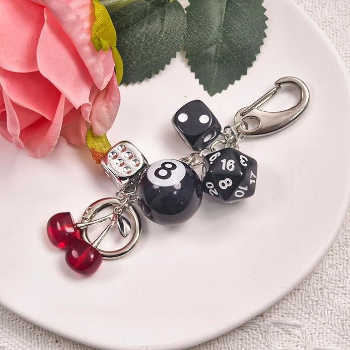 Y2K Keychain for Women, 8 Ball Dice Charm with Carabiner Clip - Cute Goth Core Keychain Bag Charm for Keys Bags Jeans