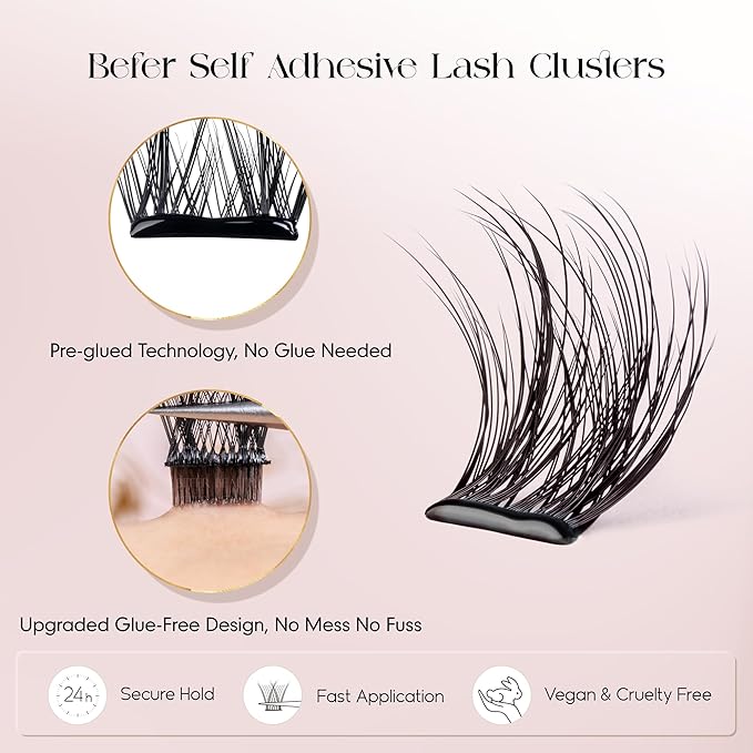 BEFER Self Adhesive Eyelashes Clusters, D Curl 10-16MM Pre Glued Lash Natural Look No Glue No Remover Needed Reusable Lashes Press on Eyelash Clusters Easy for Use DIY at Home(ZE02,Vigor)