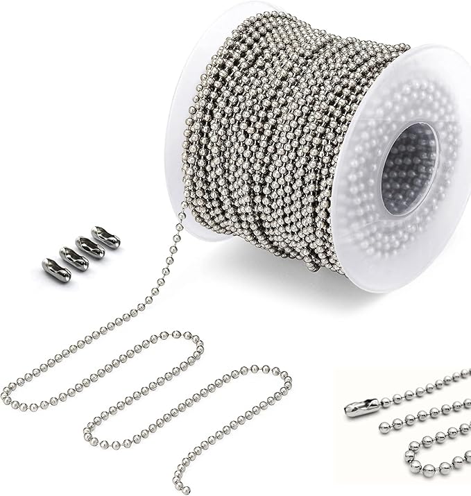 Wayilea Ball Bead Chain 70 Feet, Stainless Steel Chains Silver with 150pcs Connectors Clasps, Dog Tag Key Chains for Bracelet Making DIY Necklace Crafts, 2.4mm Ball, 1 Roll 21.3 Meters