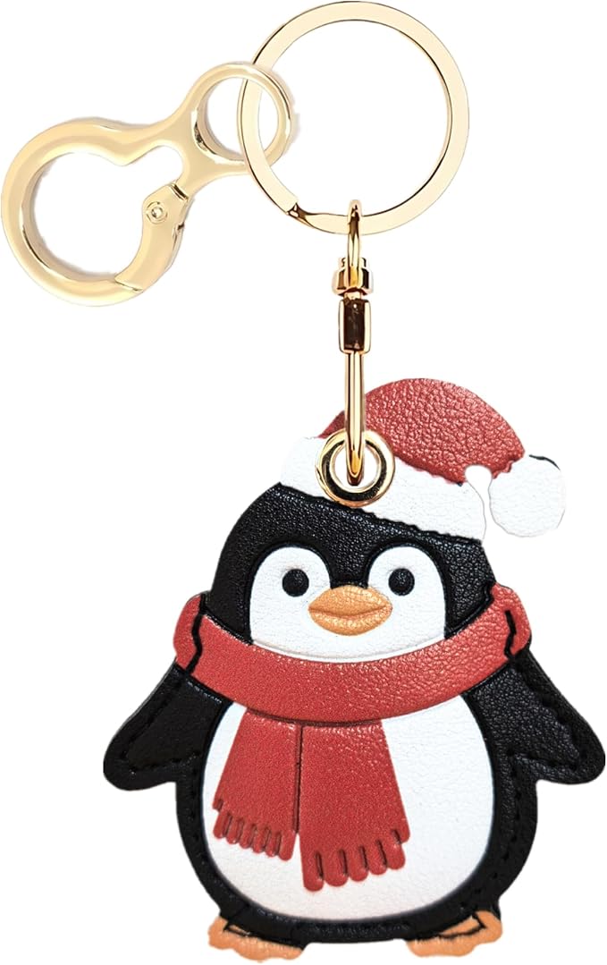 Leather Keychain Holder Case Compatible with AirTag,Cute Protective Cover with Keyring,Anti-Scratch Finder GPS Tracker Case for Wallet Keys,Bag,Pets(Penguin Red)
