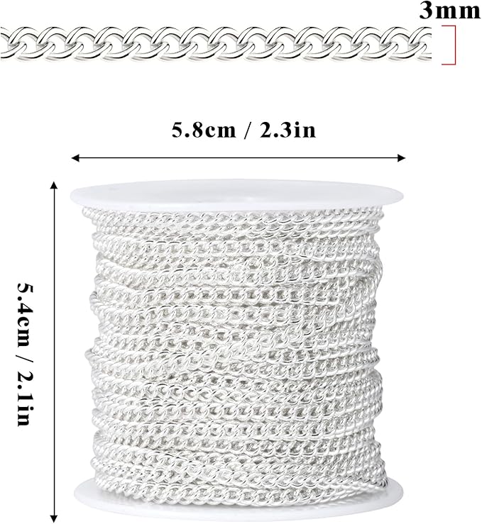 33 Feet Silver Curb Chains Bulk, 3mm Silver Plated 304 Stainless Steel Twisted Link Chains Roll Spool for Jewelry Making DIY Craft