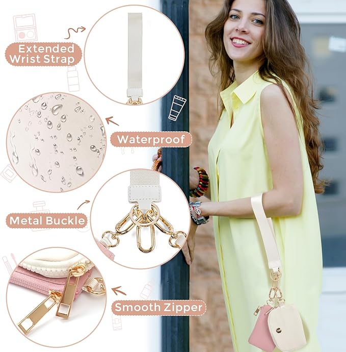 Dual Pouch Wristlet Keychain Wallet with 2 Wrist Straps - Small and Portable Mini Zipper Coin Purse Card Wallets for Women Men Gold Hardware Pink+Ivory