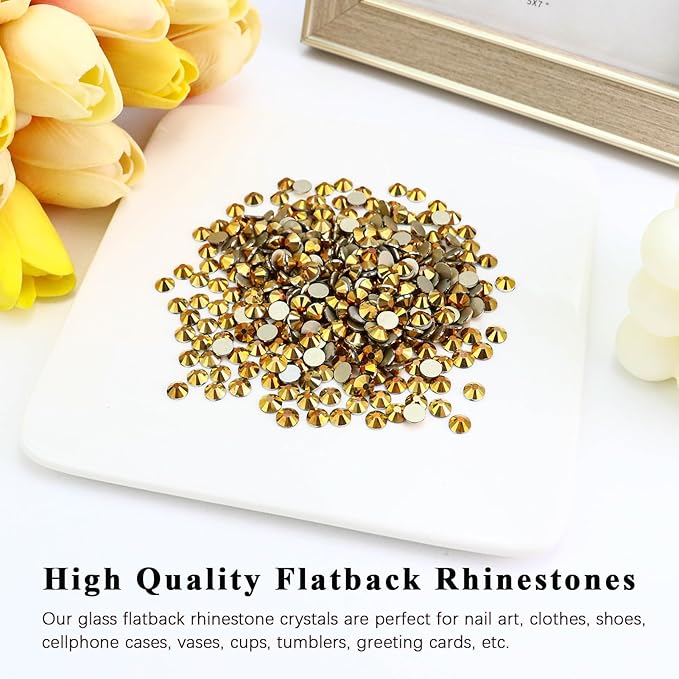 SS4/1440PCS Bright Gold Flatback Crystal Rhinestones Round Gems for Nail Art and Craft Clothes Glue Fix (1.5-1.7mm)
