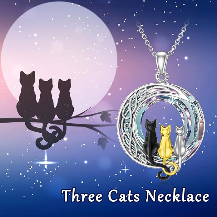 TOUPOP Cat Gifts for Cat Lovers One Two Three Four Cats Necklace Sterling Silver Cats on the Moon Pendant Necklace with Blue Circle Crystal Birthday Christmas Celtic Jewelry Gifts for Women