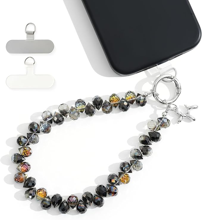 Crystal Phone Wrist Strap Phone Charm Chain Keychain Beaded Cellphone Lanyard with Tether Tab Hands-Free Wristlet Bracelet Wrist Grip Strap for Women, D-Black