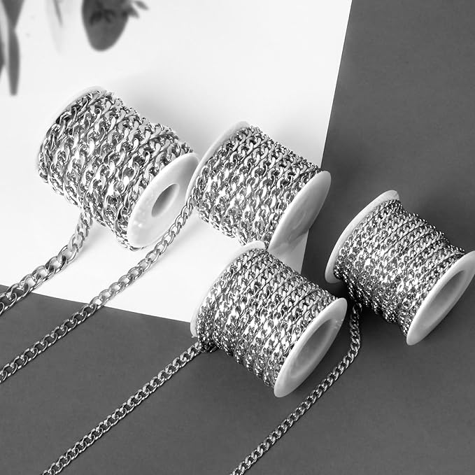 [16.5 FT] Silver Curb Chains for Jewelry Making, 9.8mm Wide 304 Stainless Steel Cuban Link Chain Roll Bulk for DIY Jewelry Making Craft