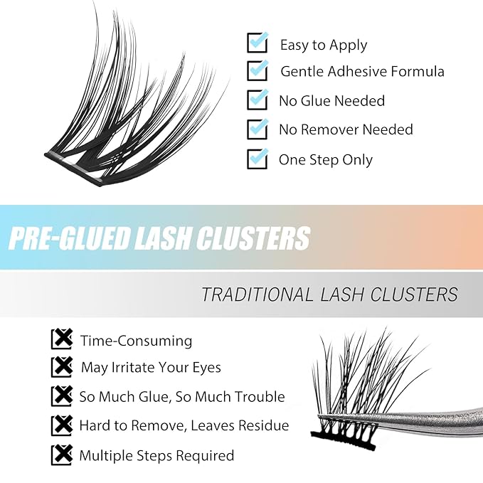 Madam Fifi 156 PCS Self-Adhesive Lash Clusters – No Glue Needed, Sticky Strip Individual Lashes for DIY Lash Extensions, Natural Look, Super Hold
