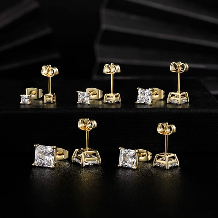 MDFUN 5 Pairs Square Earrings Set for Women Hypoallergenic 18K White Gold/Yellow Gold/Rose Gold Plated Princess Cut Clear Cubic Zirconia Stud Earring 3-7MM Pack of 5