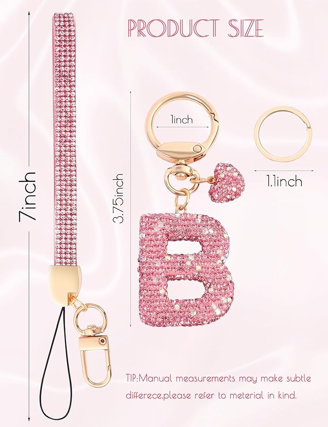Initial Keychain for Women Girls,Bling Letter Key chain Initial with Heart,Pink Keychain Charms for Backpack Handbag