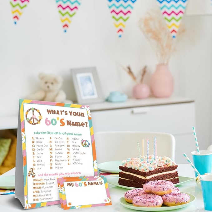 What's Your 1960's Name Game Set, 1 Double Sided Sign and 30 Name Stickers, Groovy Birthday Party Games, Perfect for Hippie & 60's Themed Party Decorations and Activities for Kids and Adults