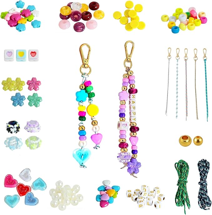 Wsedeluo Pony Beaded Keychain Making Kit for Women, 421 Pcs Personalized Jewelry Making Kit for Bag with Heart Flower Letter, DIY Key Charms Charm Supplies Crafts Accessoriess for Birthday Christmas