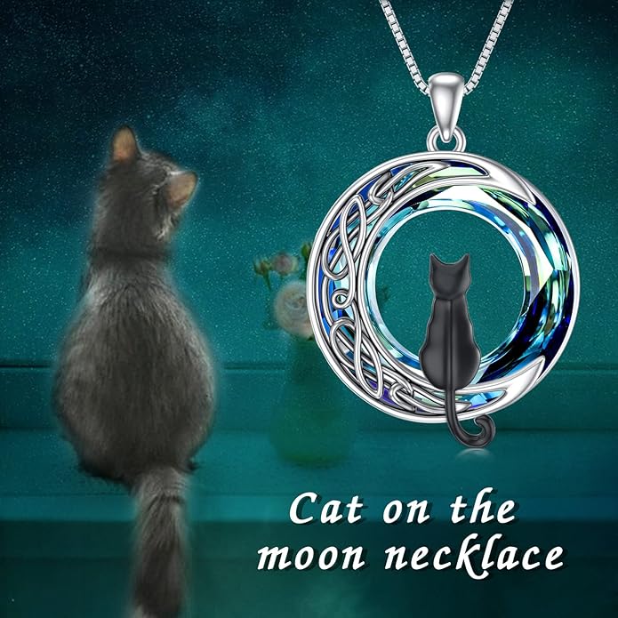 TOUPOP Cat Gifts for Cat Lovers One Two Three Four Cats Necklace Sterling Silver Cats on the Moon Pendant Necklace with Blue Circle Crystal Birthday Christmas Celtic Jewelry Gifts for Women