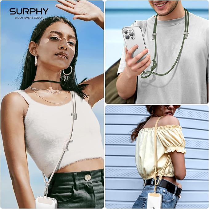 SURPHY Phone Lanyard, Adjustable Phone Strap Crossbody with 2 Pack Cell Phone Tether Tab, Premium Metal Buckles, Skin-Friendly, Universal Cell Phone Lanyard Crossbody for Women and Men, Khaki