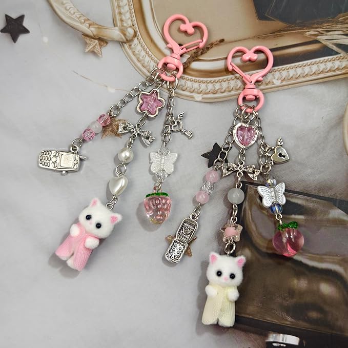 Cute Cat Keychain, Y2K Heart Bow Pendant, Kawaii Cat Bag Charm